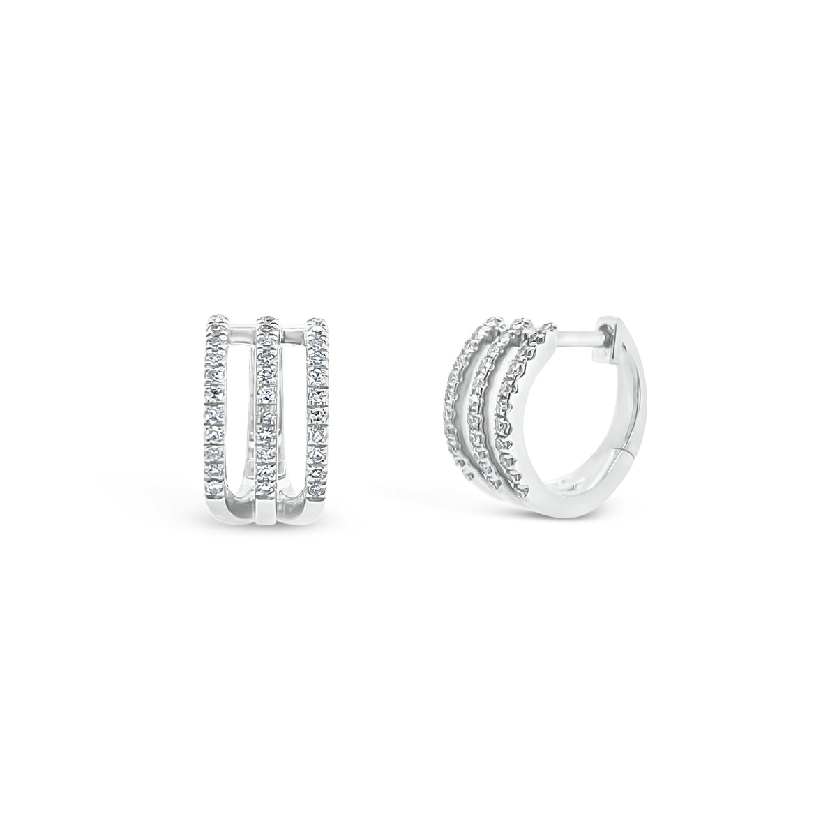 Diamond Triple-Row Huggie Earrings - 14K gold weighing 2.38 grams  - 66 round diamonds totaling 0.18 carats