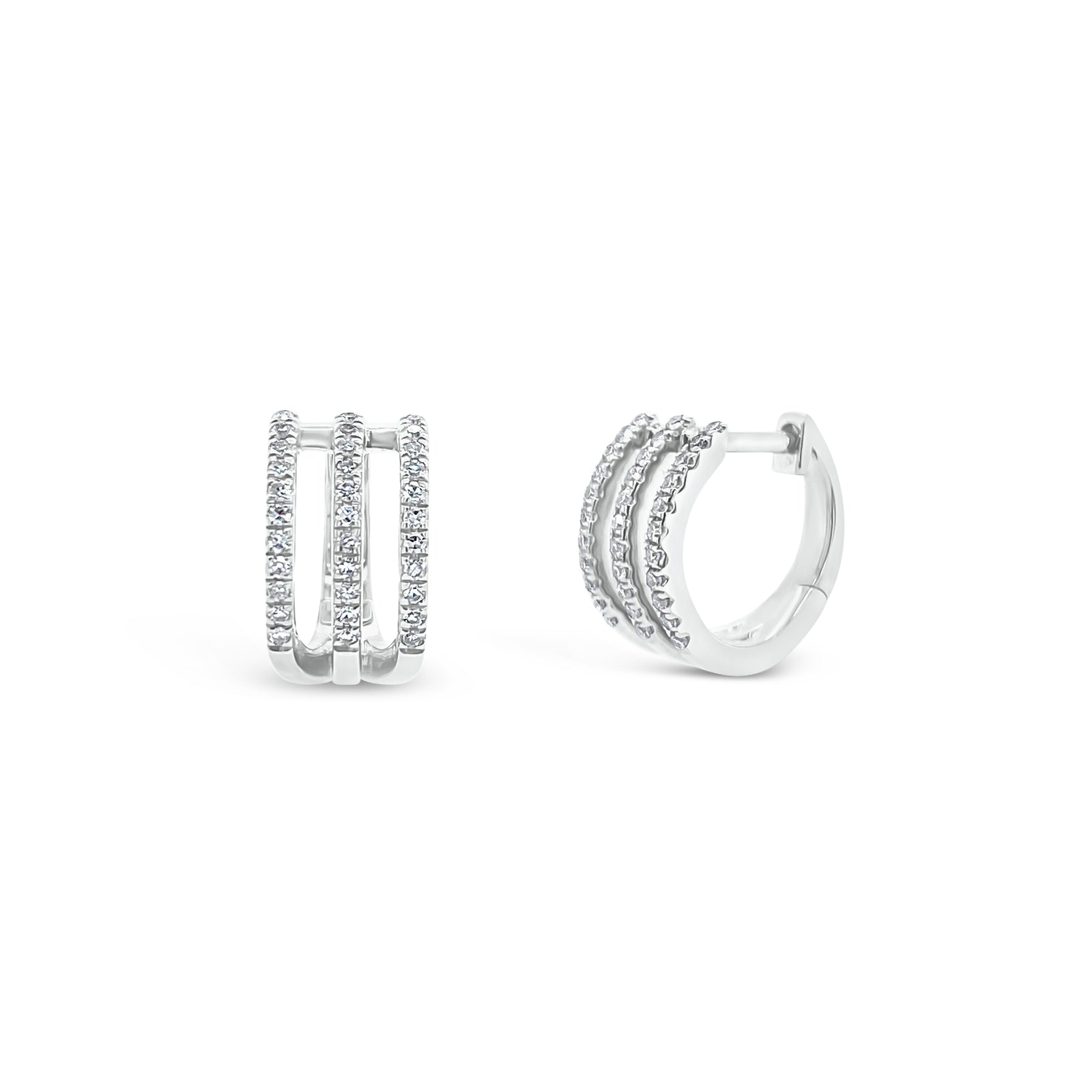Diamond Triple-Row Huggie Earrings - 14K gold weighing 2.38 grams  - 66 round diamonds totaling 0.18 carats