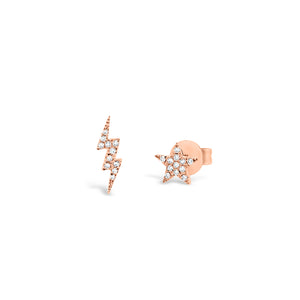 Diamond Star & Lightning Bolt Stud Earrings - 14K rose gold weighing 0.90 grams - 23 round diamonds totaling 0.06 carats.