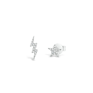 Diamond Star & Lightning Bolt Stud Earrings - 14K white gold weighing 0.90 grams - 23 round diamonds totaling 0.06 carats.