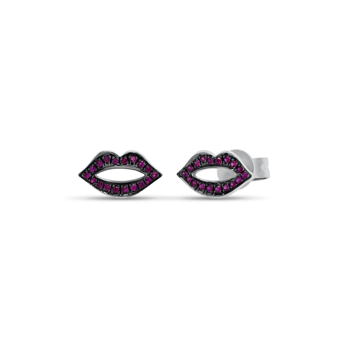 Diamond / Rubies Lips Stud Earrings - 14K white gold weighing 1.08 grams - 36 round diamonds totaling 0.07 carats