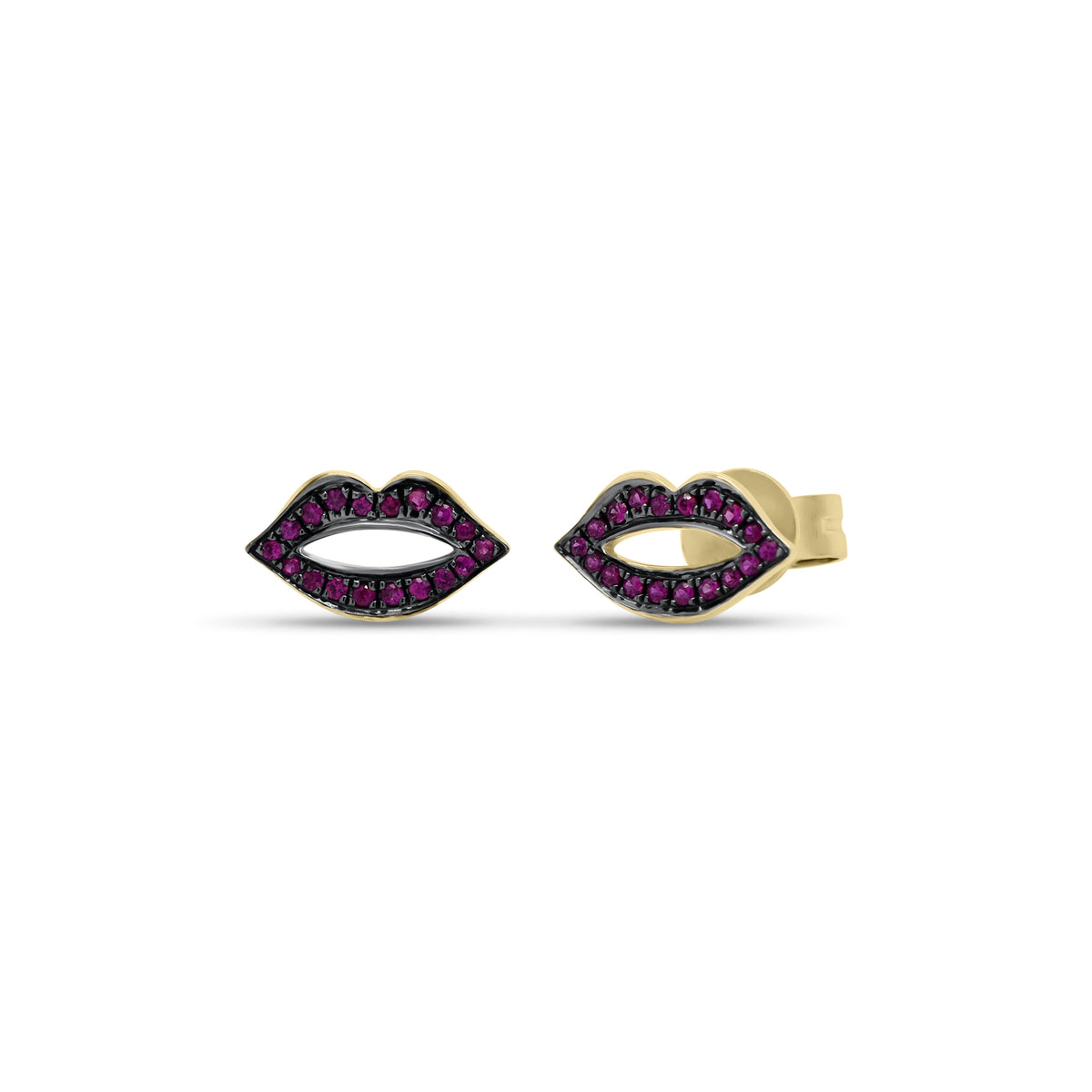 Diamond / Rubies Lips Stud Earrings - 14K yellow gold weighing 1.08 grams - 36 round diamonds totaling 0.07 carats