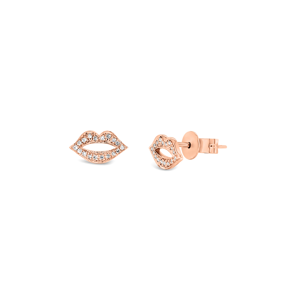 Diamond / Rubies Lips Stud Earrings - 14K rose gold weighing 1.08 grams - 36 round diamonds totaling 0.07 carats