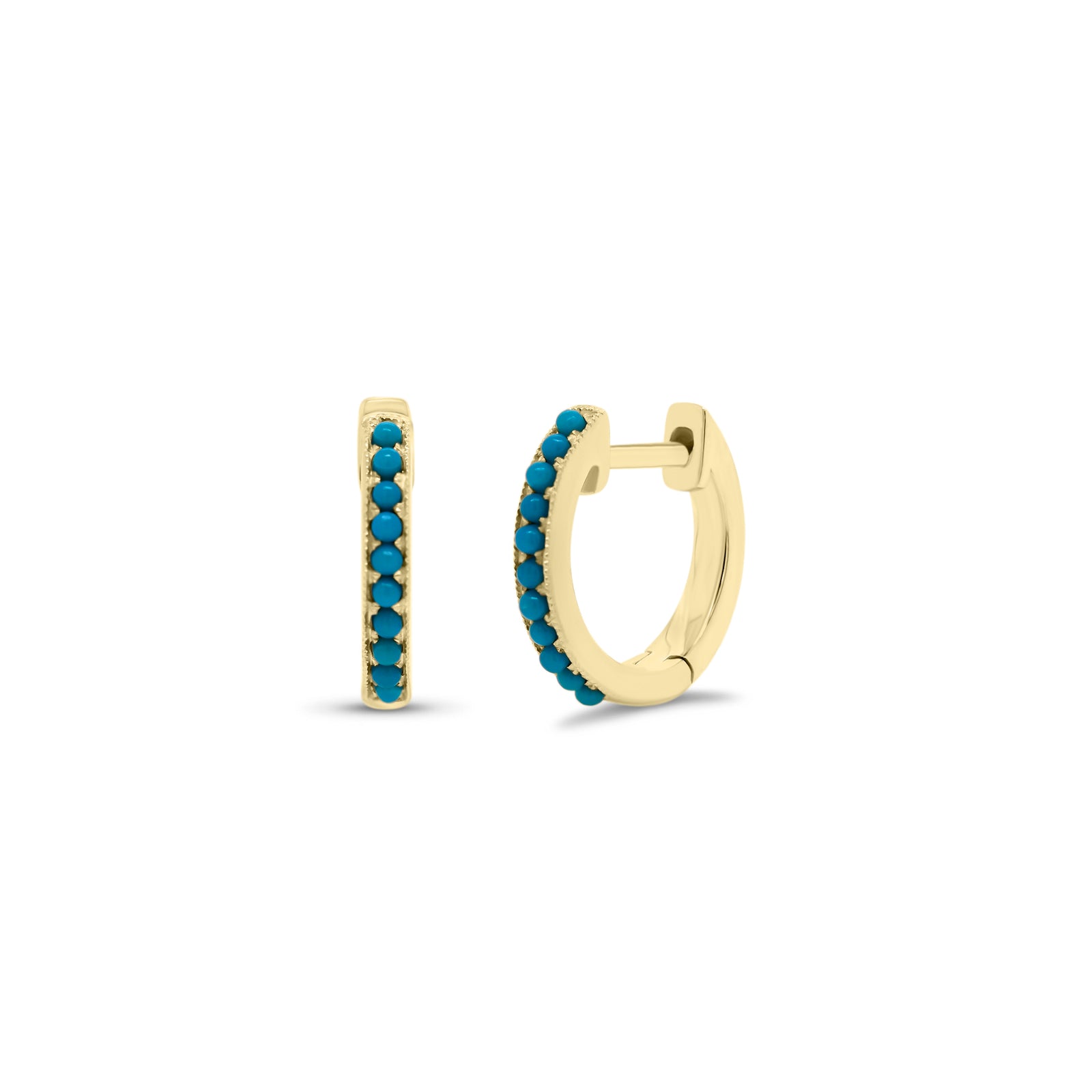 Turquoise Cabochon Huggie Earrings - 14K gold weighing 1.73 grams  - 22 turquoise cabochons totaling 0.23 carats