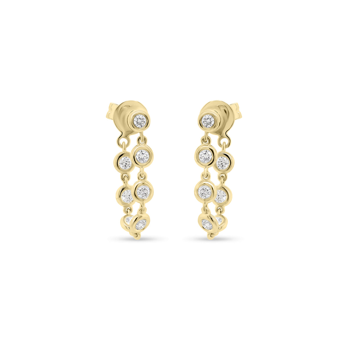 Diamond bezel front-back earrings- 14K gold weighing grams 1.84 grams  - 14 round diamonds totaling .37 carats