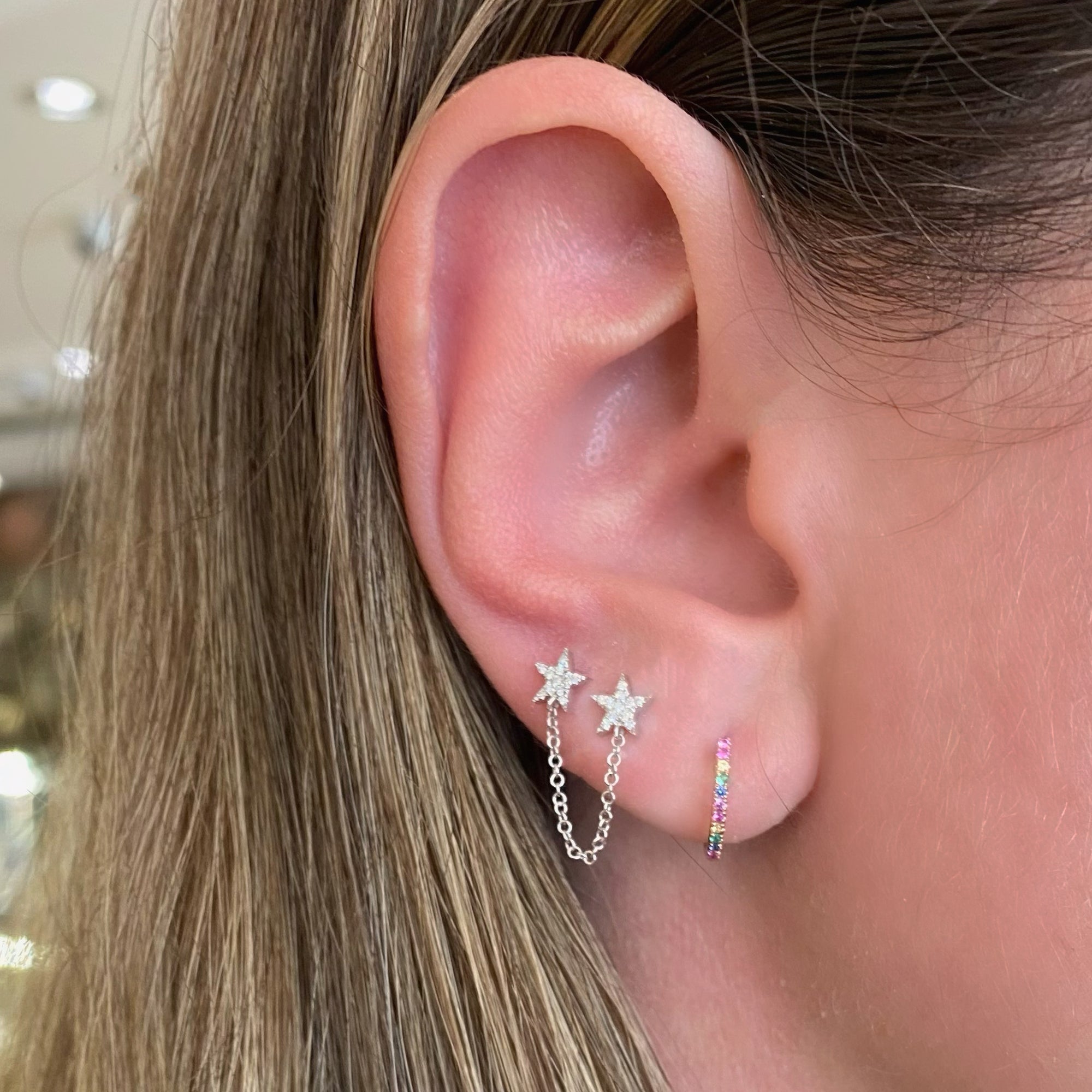 Diamond Double Star Chain Link Earring - 14K gold weighing 1.02 grams - 22 round diamonds totaling 0.05 carats