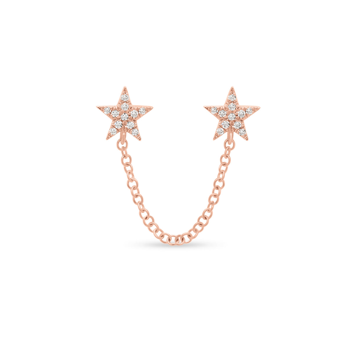 Diamond Double Star Chain Link Earring - 14K gold weighing 1.02 grams - 22 round diamonds totaling 0.05 carats
