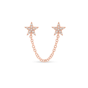Diamond Double Star Chain Link Earring - 14K gold weighing 1.02 grams - 22 round diamonds totaling 0.05 carats