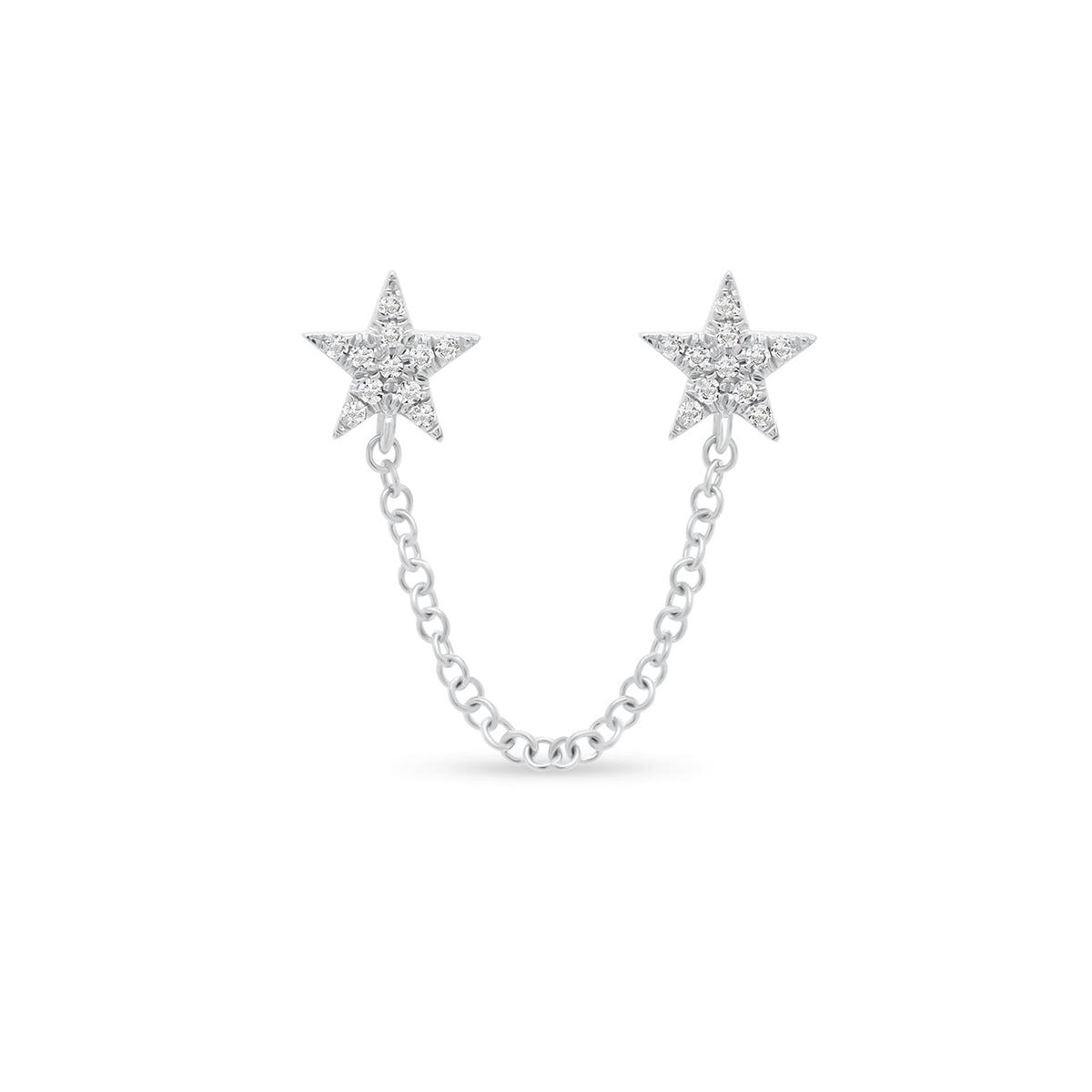 Diamond Double Star Chain Link Earring - 14K gold weighing 1.02 grams - 22 round diamonds totaling 0.05 carats