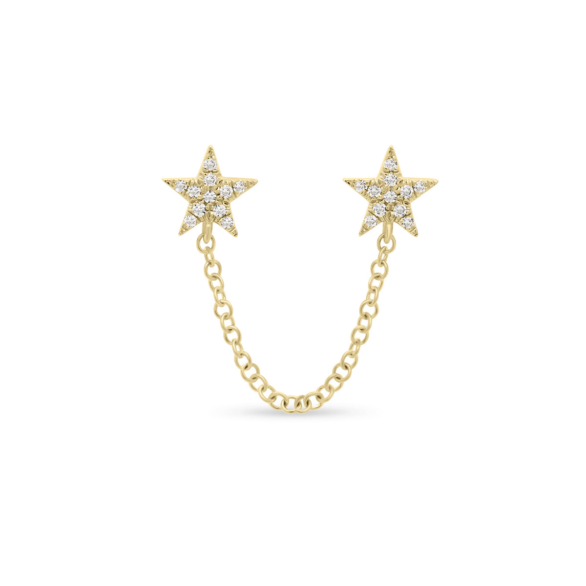 Diamond Double Star Chain Link Earring - 14K gold weighing 1.02 grams - 22 round diamonds totaling 0.05 carats