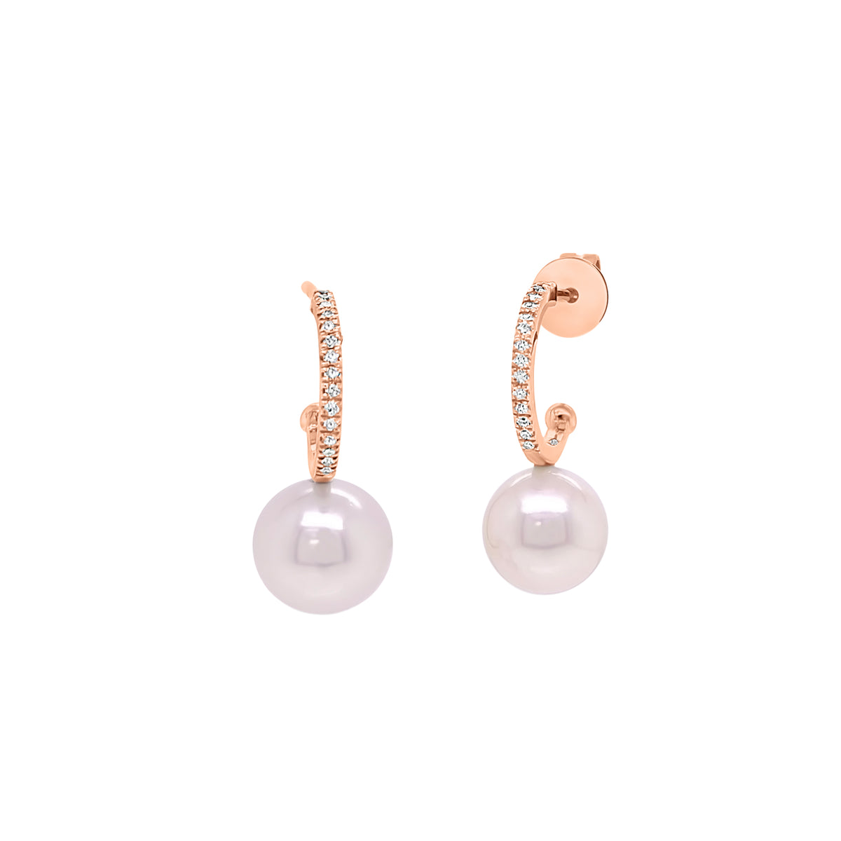 Pearl and Diamond Open Huggie Earrings  - 14 kt gold weighing 1.38 grams  - 30 round diamonds weighing 0.07 carats  - 2 pearls
