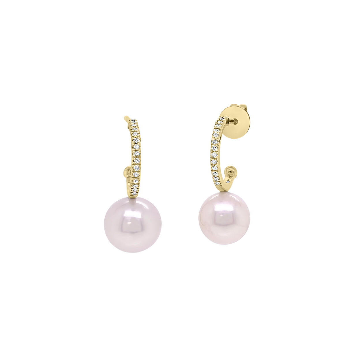 Pearl and Diamond Open Huggie Earrings  - 14 kt gold weighing 1.38 grams  - 30 round diamonds weighing 0.07 carats  - 2 pearls