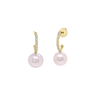 Pearl and Diamond Open Huggie Earrings  - 14 kt gold weighing 1.38 grams  - 30 round diamonds weighing 0.07 carats  - 2 pearls