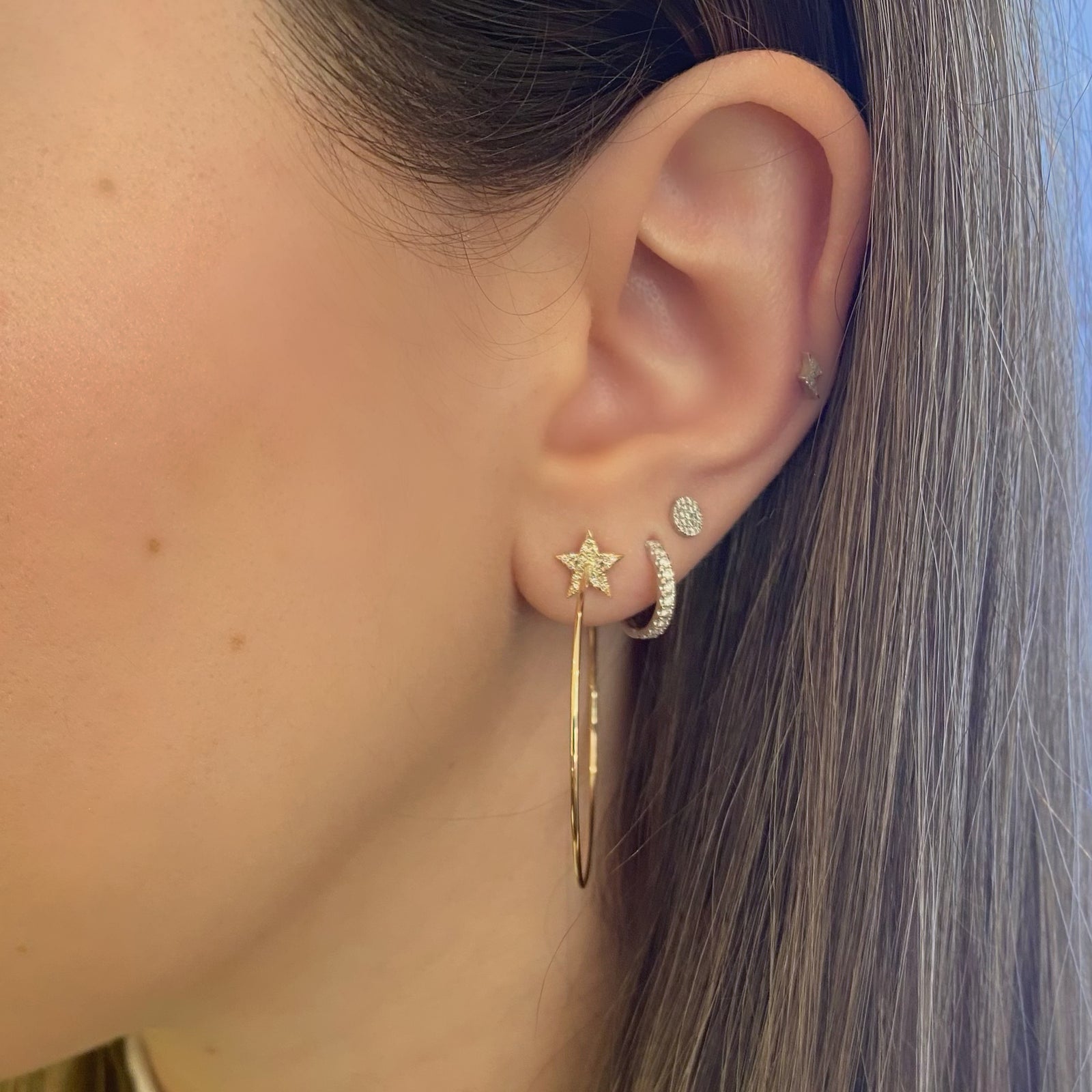 Gold Open Hoop Earrings With Diamond Stars - 14K gold weighing 3.16 grams  - 44 round diamonds weighing 0.10 carats total 