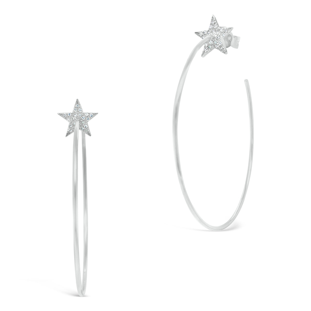 Gold Open Hoop Earrings With Diamond Stars - 14K gold weighing 3.16 grams  - 44 round diamonds weighing 0.10 carats total 