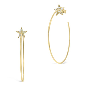 Gold Open Hoop Earrings With Diamond Stars - 14K gold weighing 3.16 grams  - 44 round diamonds weighing 0.10 carats total 