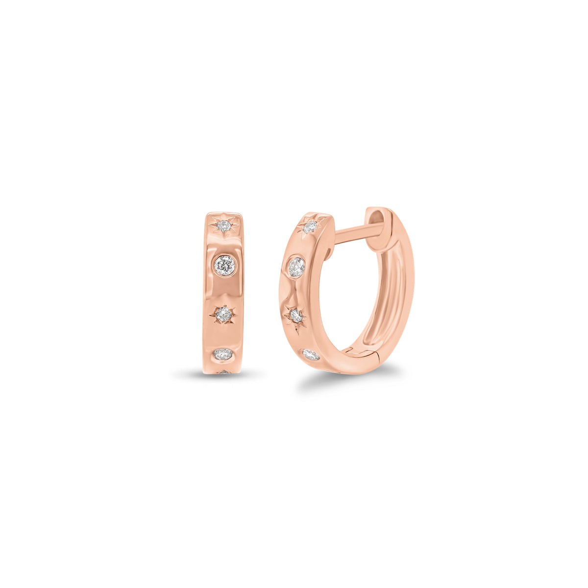 Diamond Star & Moon Huggies - 14K rose gold weighing 2.29 grams  - 10 round diamonds weighing 0.08 carats