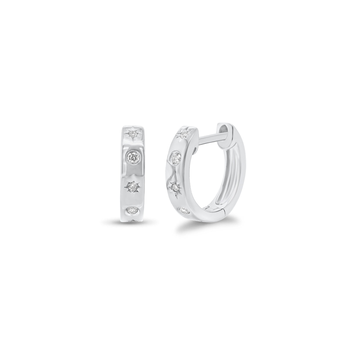 Diamond Star & Moon Huggies - 14K white gold weighing 2.29 grams  - 10 round diamonds weighing 0.08 carats