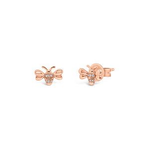 Diamond Bee Stud Earrings - 14K rose gold weighing 1.03 grams - 12 round diamonds totaling 0.02 carats.