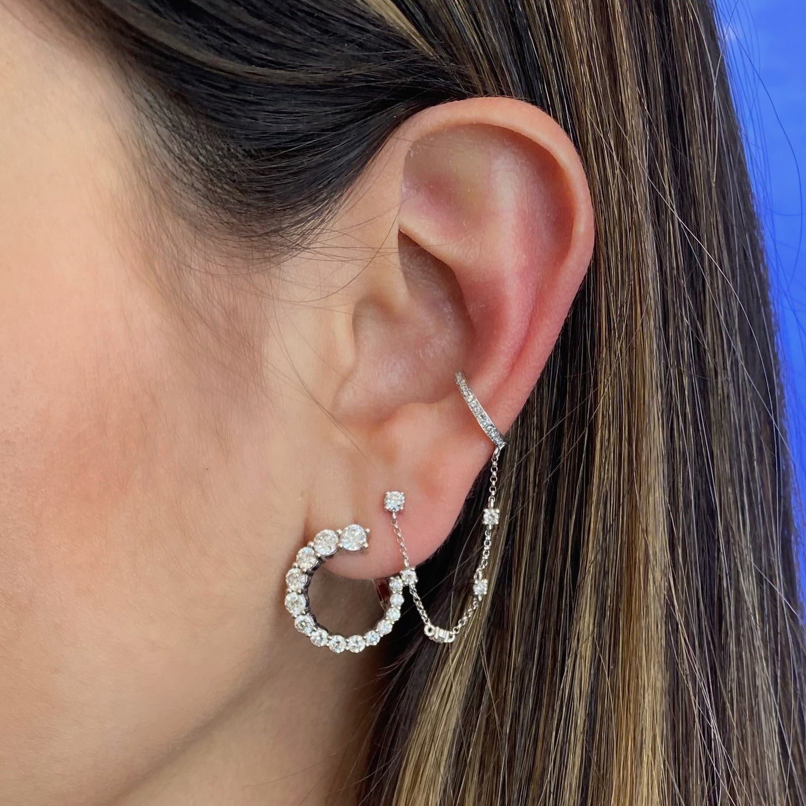 Diamond Ear Cuff with Diamond Chain & Stud - 14K white gold weighing 1.40 grams - 21 round diamonds totaling 0.26 carats.