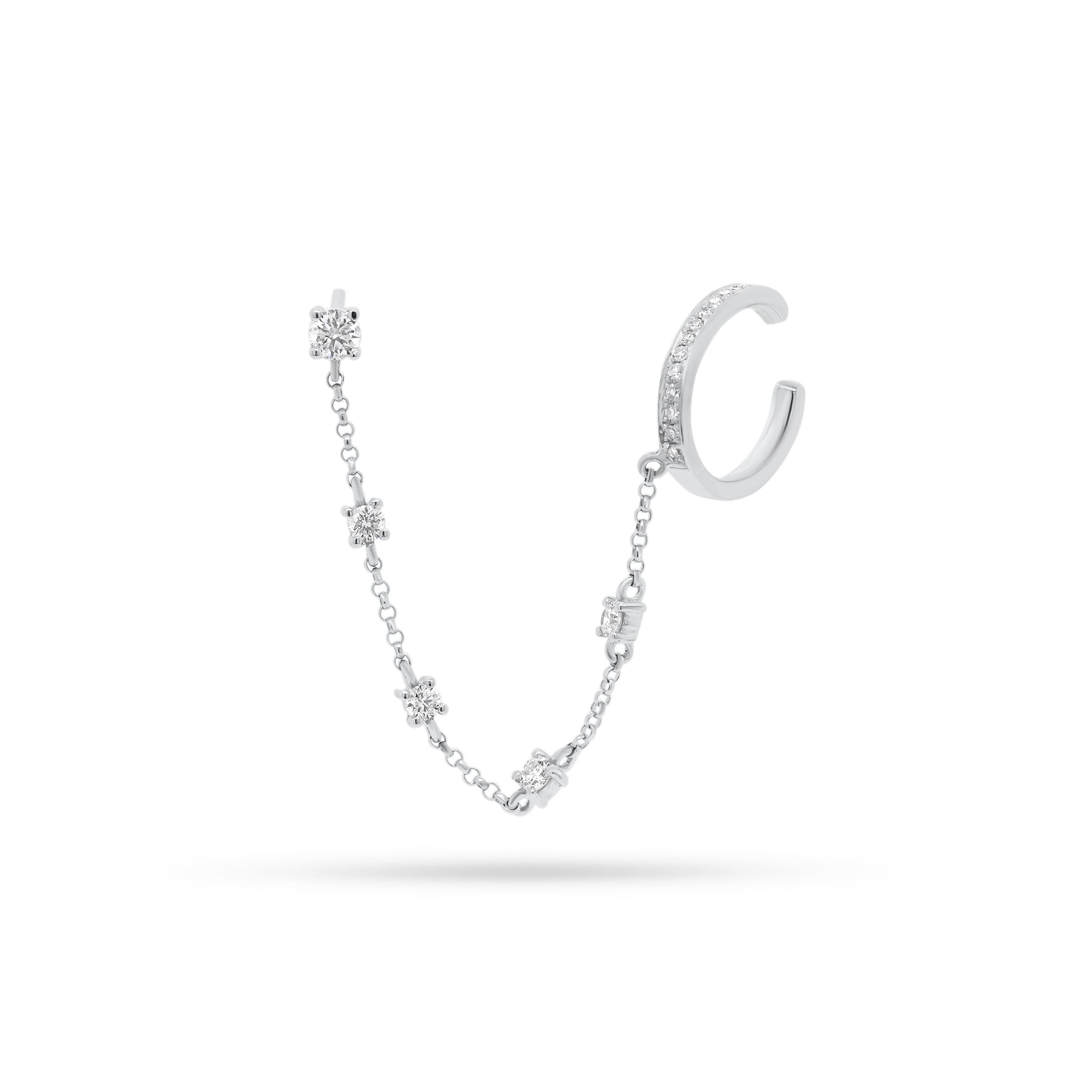 Diamond Ear Cuff with Diamond Chain & Stud - 14K white gold weighing 1.40 grams - 21 round diamonds totaling 0.26 carats.