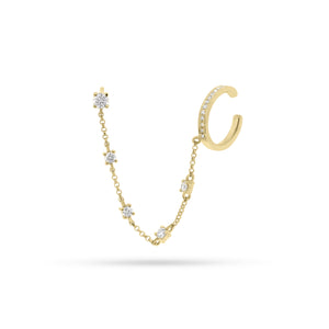Diamond Ear Cuff with Diamond Chain & Stud - 14K yellow gold weighing 1.40 grams - 21 round diamonds totaling 0.26 carats.