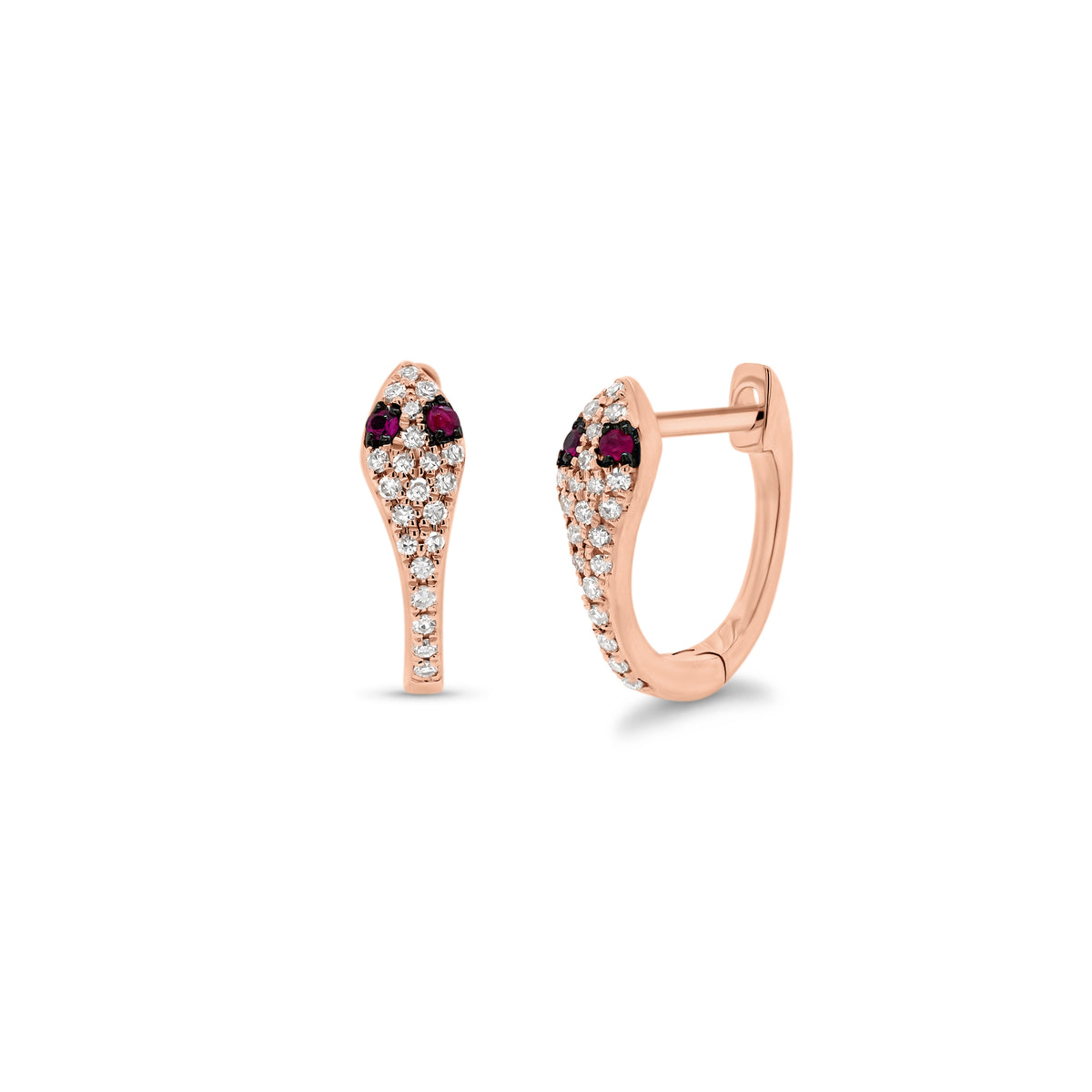 Ruby & diamond serpent huggie earrings - 14K gold weighing 1.63 grams  - 42 round diamonds totaling 0.12 carats  - 4 rubies totaling 0.05 carats