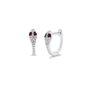 Ruby & diamond serpent huggie earrings - 14K gold weighing 1.63 grams  - 42 round diamonds totaling 0.12 carats  - 4 rubies totaling 0.05 carats