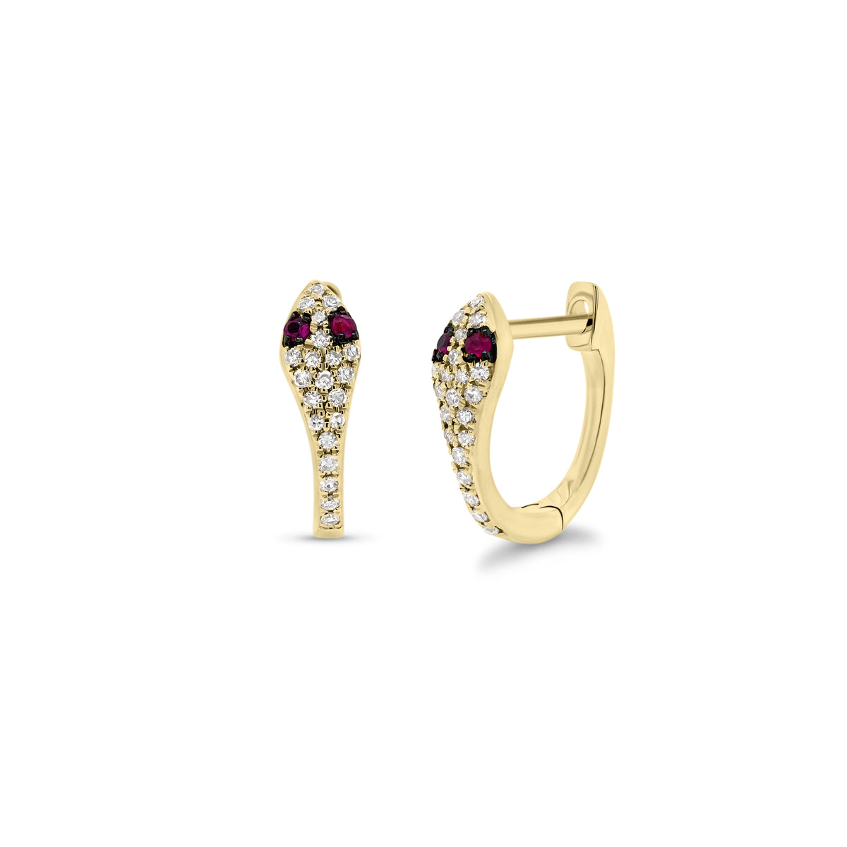 Ruby & diamond serpent huggie earrings - 14K gold weighing 1.63 grams  - 42 round diamonds totaling 0.12 carats  - 4 rubies totaling 0.05 carats