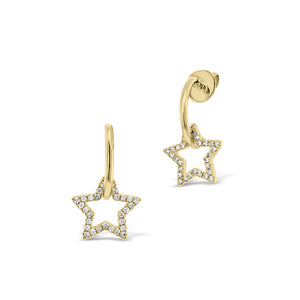 Gold Hoop Earrings With Diamond Star Cutouts - 14K gold weighing 1.88 grams    - 54 round diamonds weighing 0.12 carats total