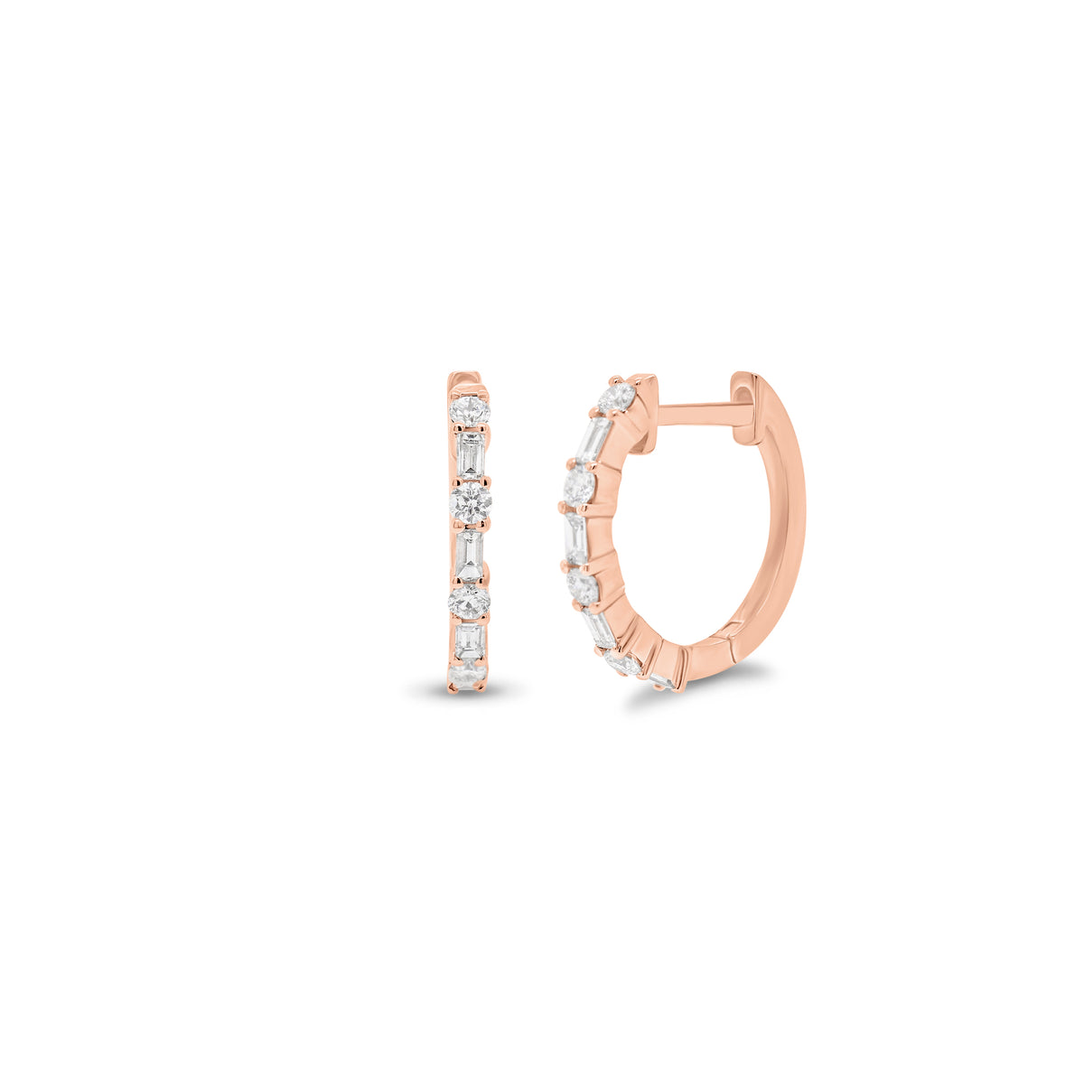 Round & Baguette Diamond Huggies - 14K rose gold weighing 1.43 grams  - 8 round diamonds weighing 0.13 carats  - 8 baguette diamonds weighing 0.12 carats