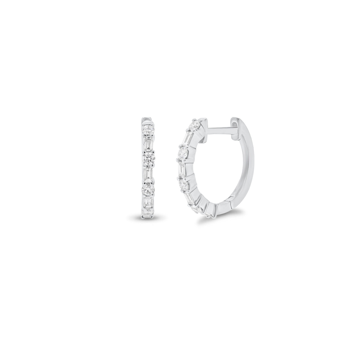 Round & Baguette Diamond Huggies - 14K white gold weighing 1.43 grams  - 8 round diamonds weighing 0.13 carats  - 8 baguette diamonds weighing 0.12 carats