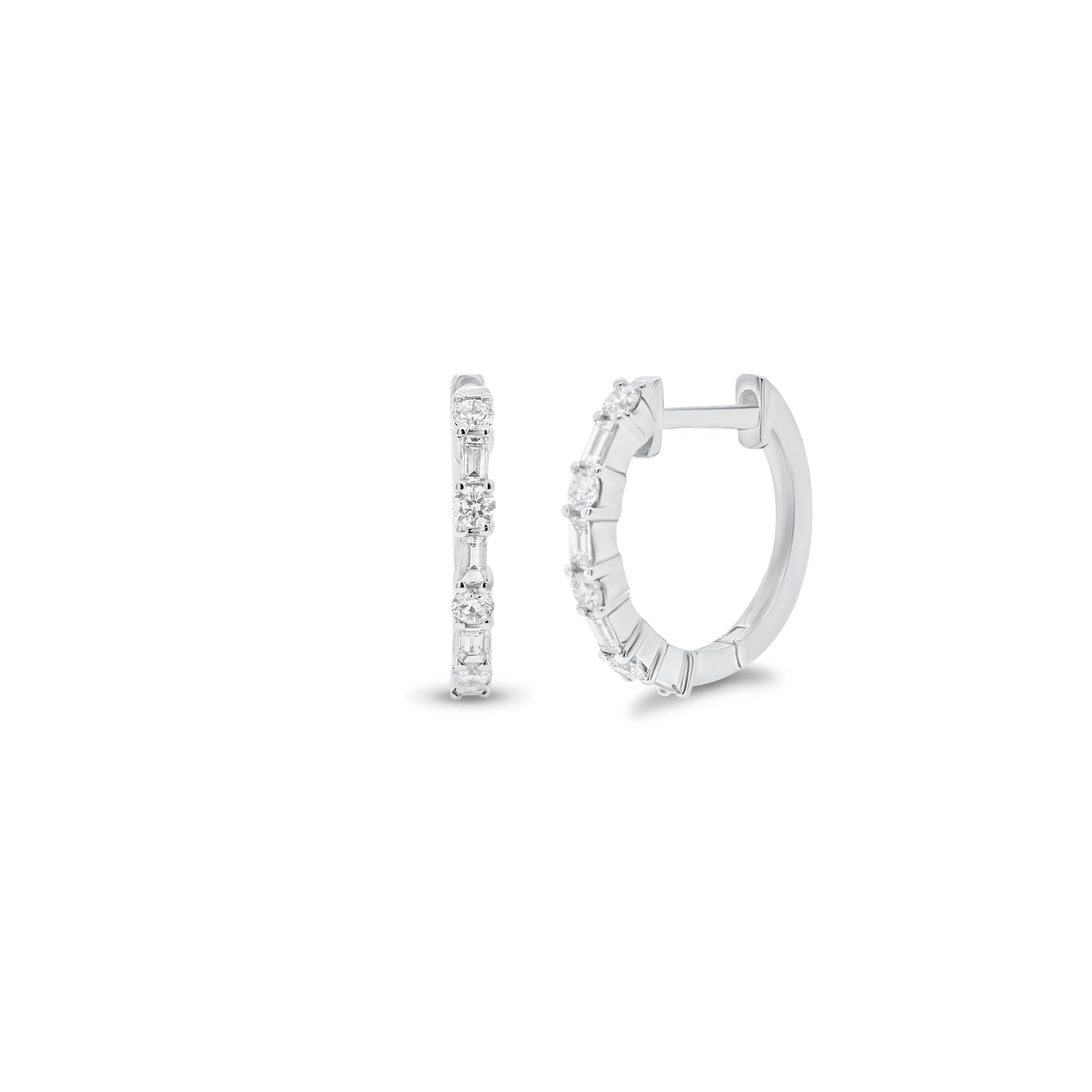 Round & Baguette Diamond Huggies - 14K white gold weighing 1.43 grams  - 8 round diamonds weighing 0.13 carats  - 8 baguette diamonds weighing 0.12 carats