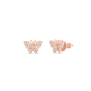 Diamond Butterfly Stud Earrings - 14K rose gold weighing 1.30 grams - 48 round diamonds totaling 0.11 carats