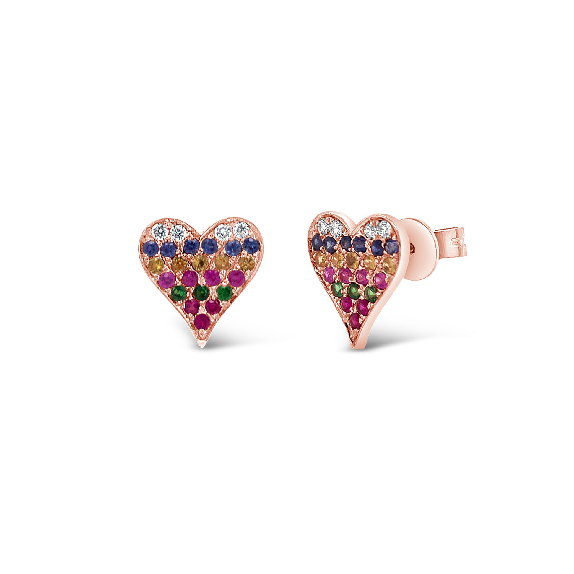 Rainbow Heart Stud Earrings - 14k rose gold weighing 1.99 grams - 0.54 total carat weight (multicolor gemstones) - 0.09 total carat weight (diamonds)