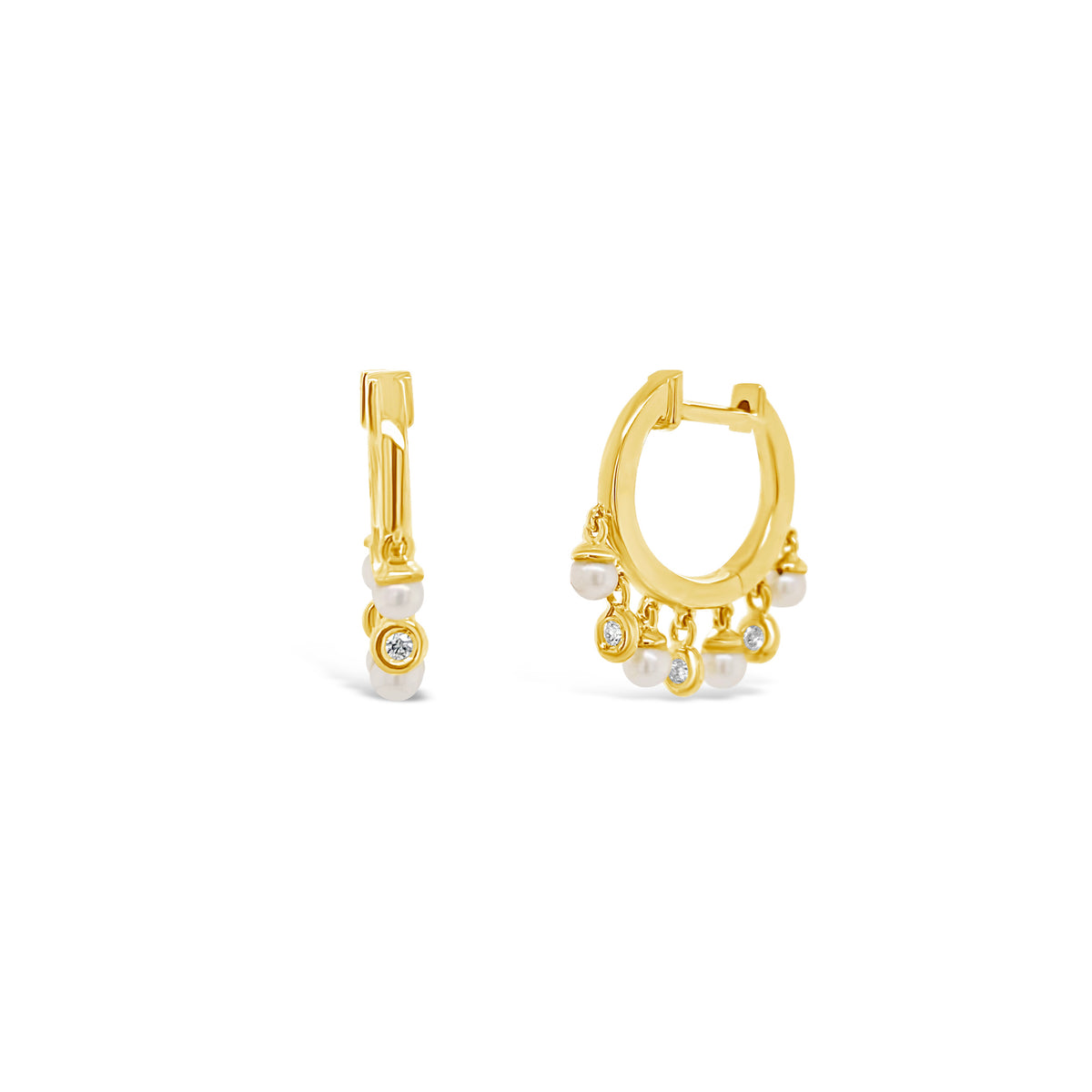Diamond & pearl dangle huggie earrings - 14K gold weighing 2.70 grams  - 6 round diamonds totaling 0.06 carats  - 8 pearls