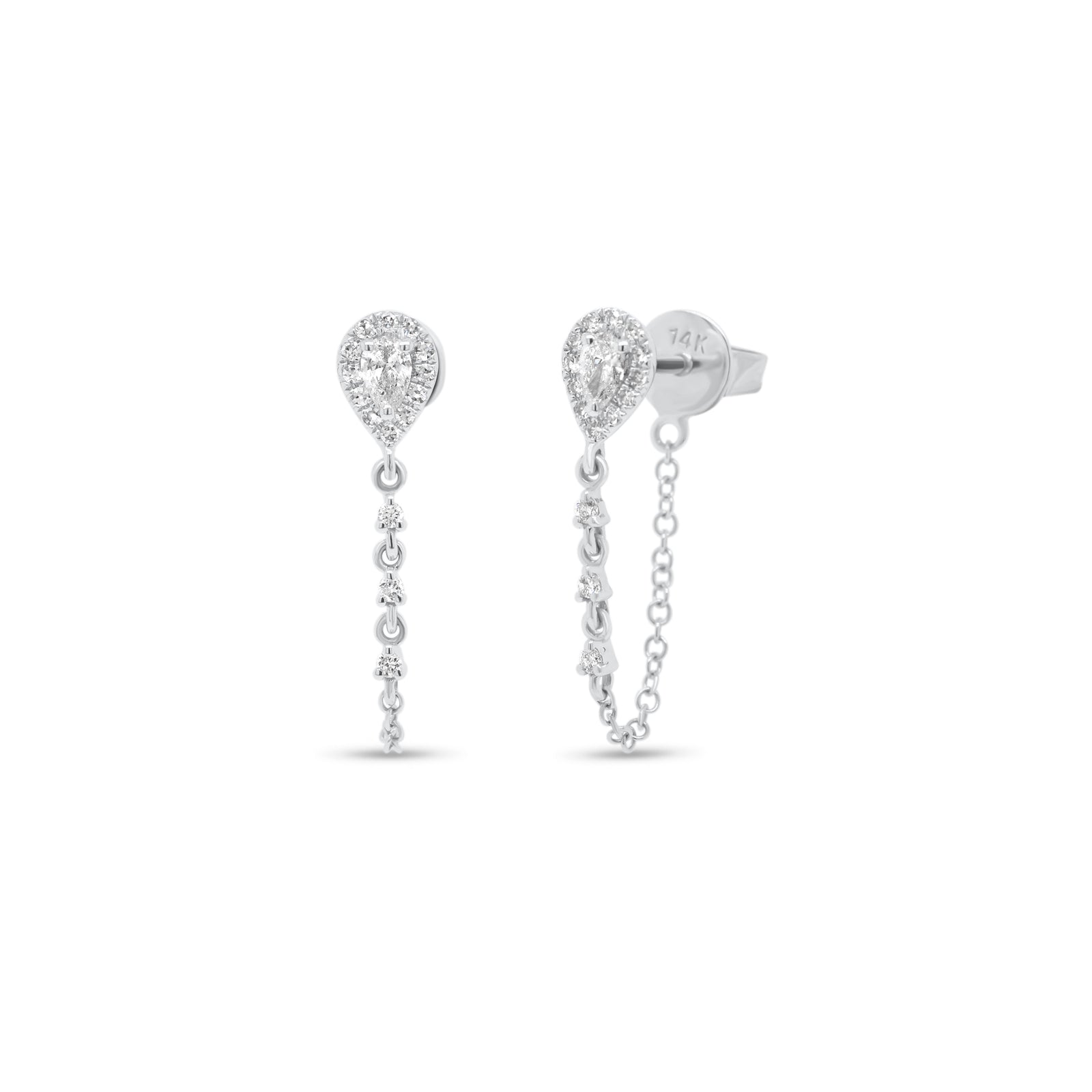 Diamond Teardrop Chain Link Earrings - 14K white gold weighing 1.43 grams - 30 round diamonds totaling 0.12 carats - 2 round diamonds totaling 0.16 carats