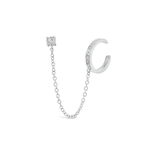 Diamond Ear Cuff with Chain and Diamond Stud - 14K gold weighing 1.05 grams - 15 round diamonds totaling 0.11 carats