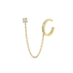 Diamond Ear Cuff with Chain and Diamond Stud - 14K gold weighing 1.05 grams - 15 round diamonds totaling 0.11 carats