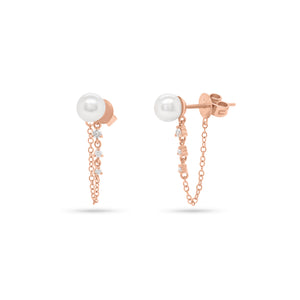 Pearl & Diamond Front-Back Earrings - 14K rose gold weighing 1.28 grams - 6 round diamonds totaling 0.11 carats - 2 pearls
