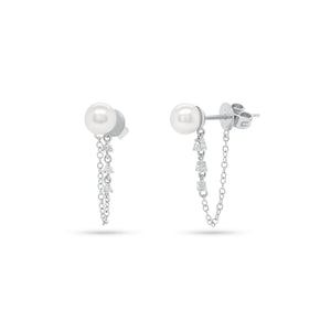 Pearl & Diamond Front-Back Earrings - 14K white gold weighing 1.28 grams - 6 round diamonds totaling 0.11 carats - 2 pearls