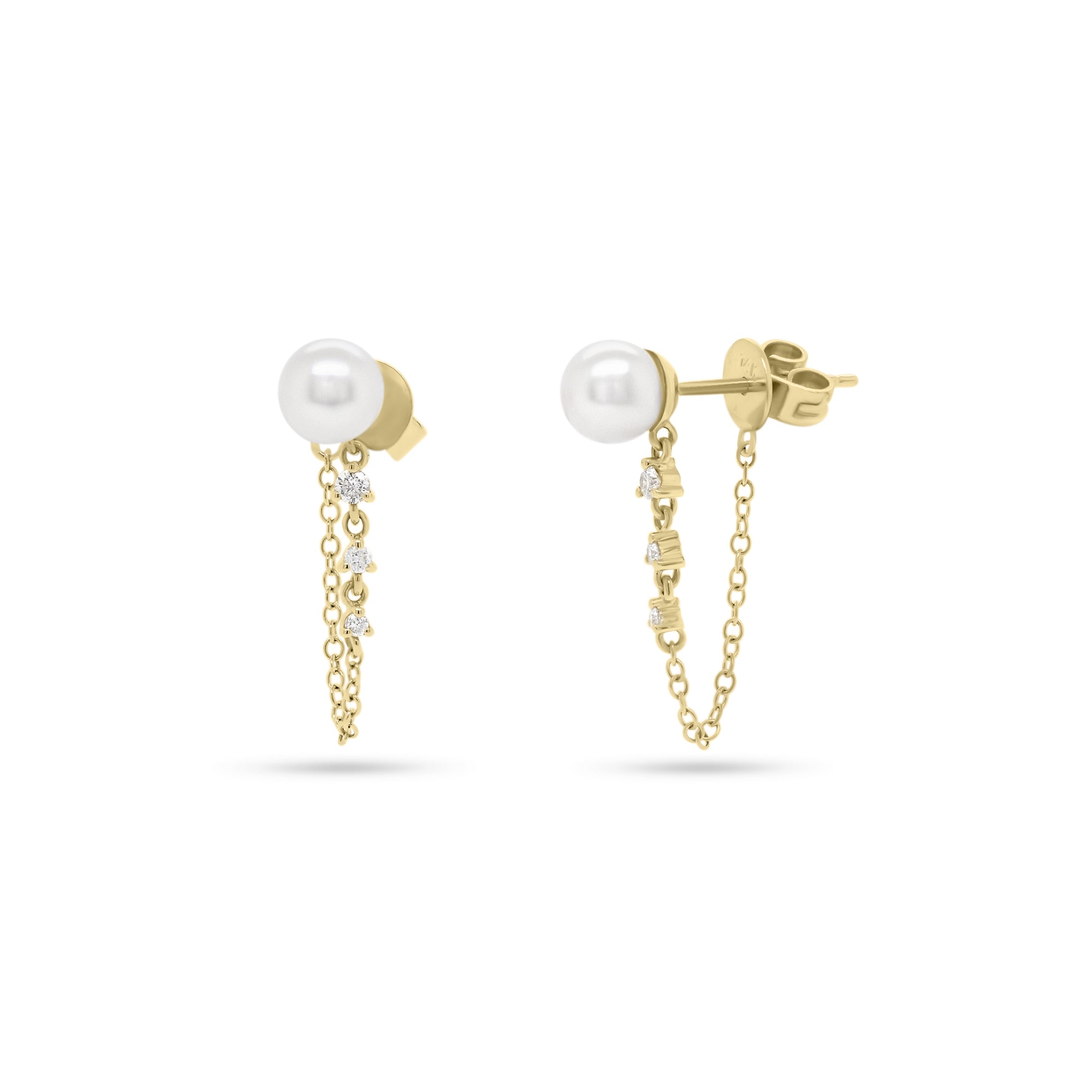 Pearl & Diamond Front-Back Earrings - 14K yellow gold weighing 1.28 grams - 6 round diamonds totaling 0.11 carats - 2 pearls