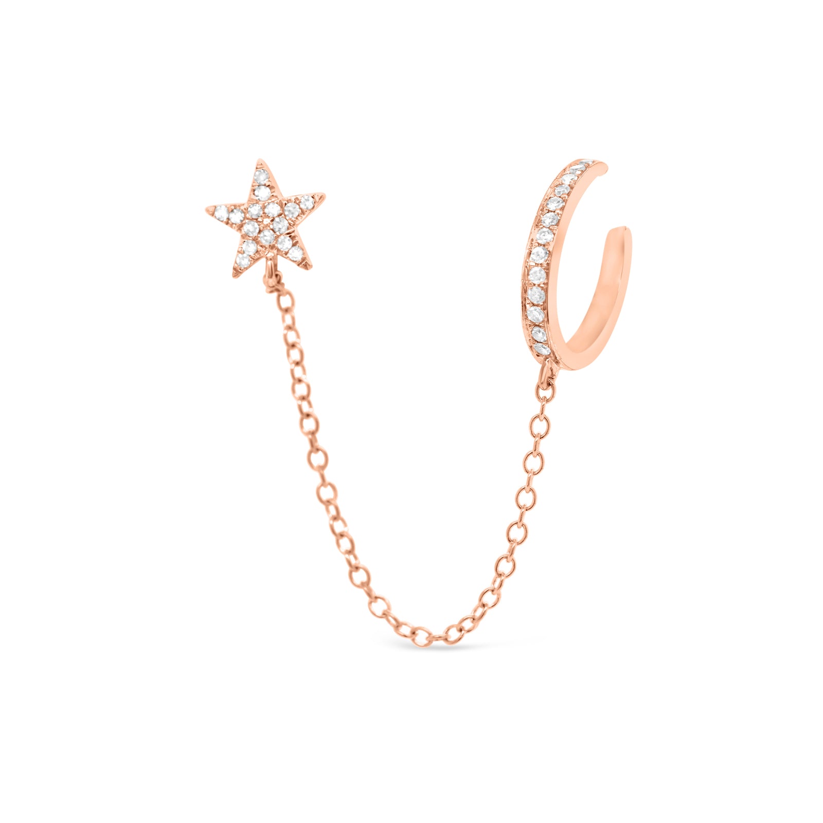 Diamond Ear Cuff with Chain and Diamond Star - 14K gold weighing 1.10 grams - 29 round diamonds totaling 0.08 carats