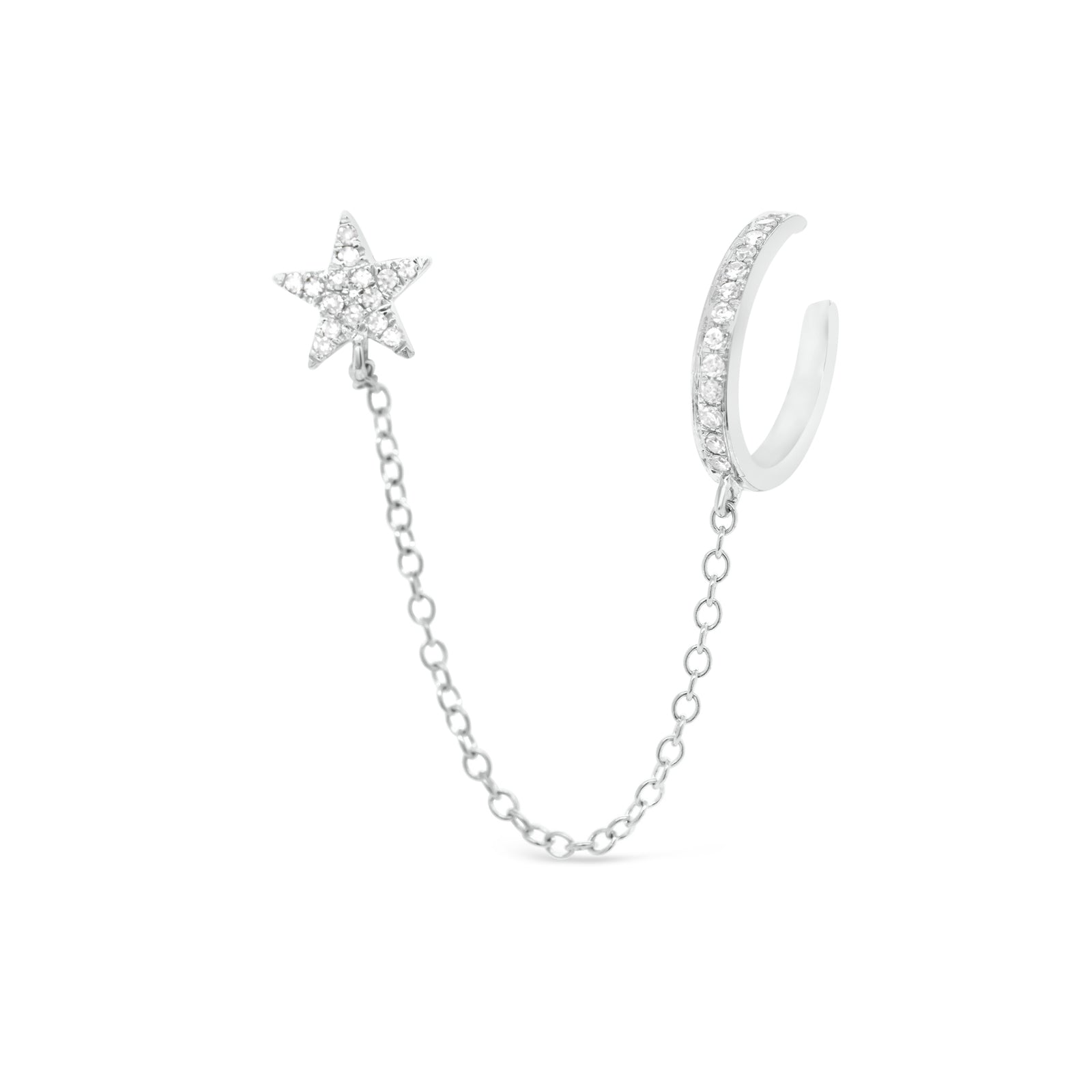 Diamond Ear Cuff with Chain and Diamond Star - 14K gold weighing 1.10 grams - 29 round diamonds totaling 0.08 carats