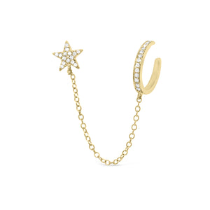 Diamond Ear Cuff with Chain and Diamond Star - 14K gold weighing 1.10 grams - 29 round diamonds totaling 0.08 carats