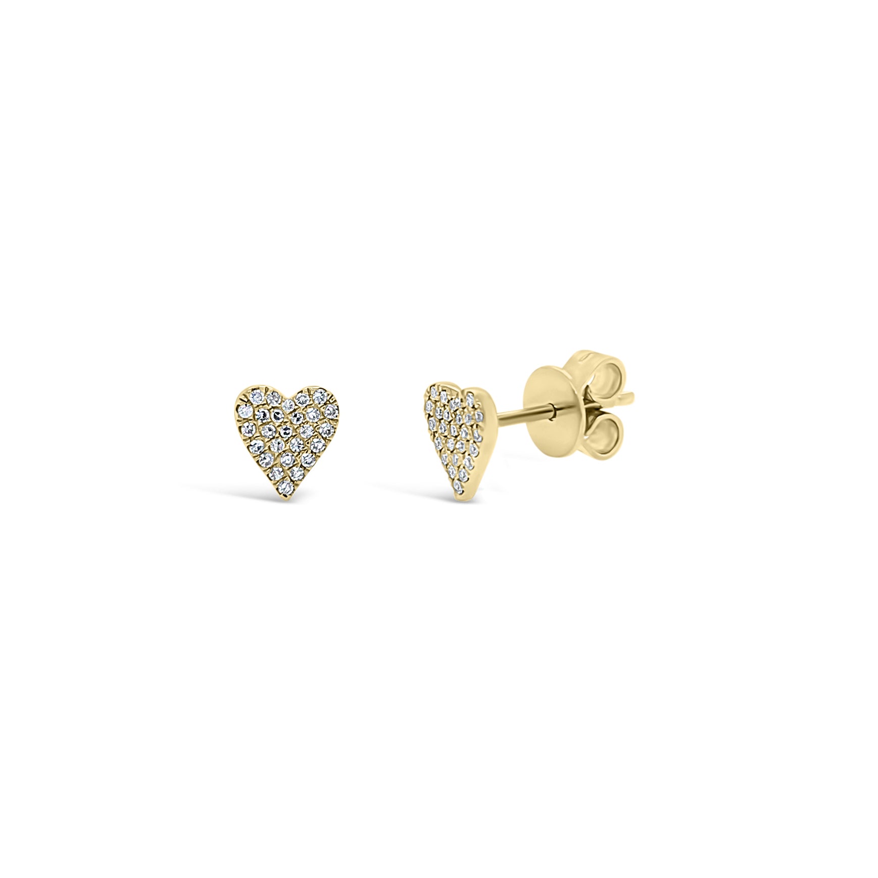 Pave Diamond Heart Stud Earrings - 14K yellow gold weighing 1.04 grams - 52 round diamonds totaling 0.12 carats.