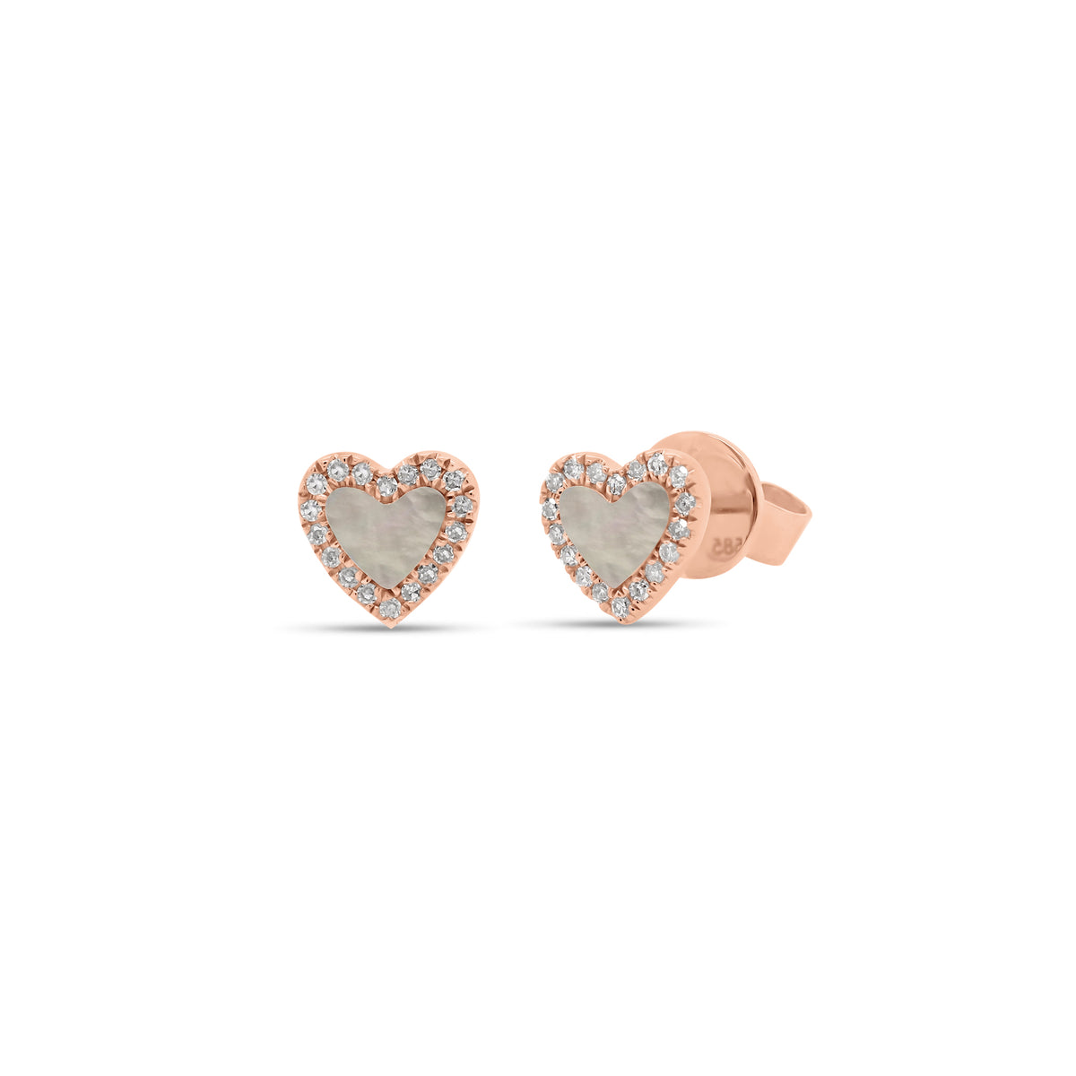 Mother of Pearl & Diamond Heart Stud Earrings - 14K rose gold weighing 1.38 grams - 36 round diamonds totaling 0.09 carats - 2 Mother of Pearl slices