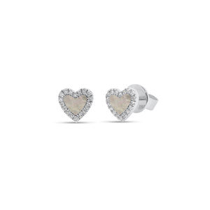 Mother of Pearl & Diamond Heart Stud Earrings - 14K white gold weighing 1.38 grams - 36 round diamonds totaling 0.09 carats - 2 Mother of Pearl slices
