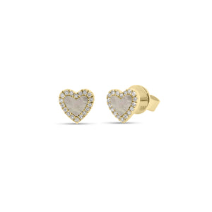 Mother of Pearl & Diamond Heart Stud Earrings - 14K yellow gold weighing 1.38 grams  - 36 round diamonds totaling 0.09 carats  - 2 Mother of Pearl slices
