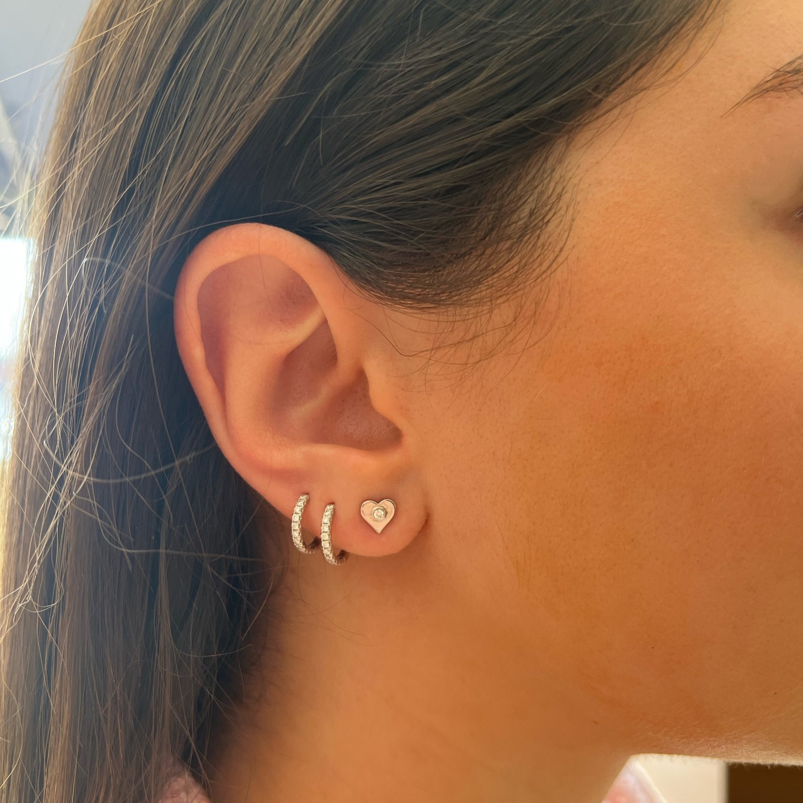 Gold Heart Stud Earrings with Diamond Centers - 14K yellow gold weighing 1.33 grams - 2 round diamonds totaling 0.05 carats